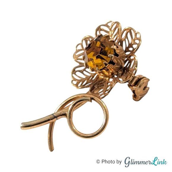 Vintage Filigree Petal Flower Orange Rhinestone Gold Tone Brooch - Picture 3 of 6